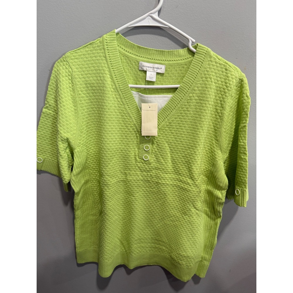 Christopher & Banks Lime Green Waffle Knit Henley Short Sleeve Sweater Top L NWT